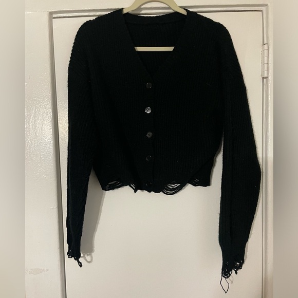 Black open cardigan cropped long sleeve distressed sweater size small - Picture 1 of 5